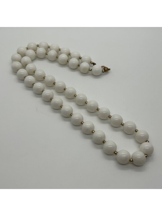 Estate Jewelry - Vintage MCM White Acrylic Lucite Round Bead Necklace Gold Tone Spacer Spring Rin